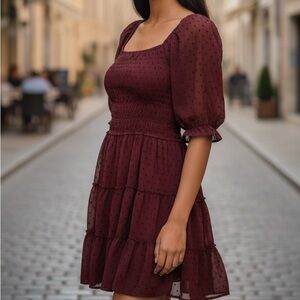 Trixxi Burgundy Puff Sleeve Mini Dress